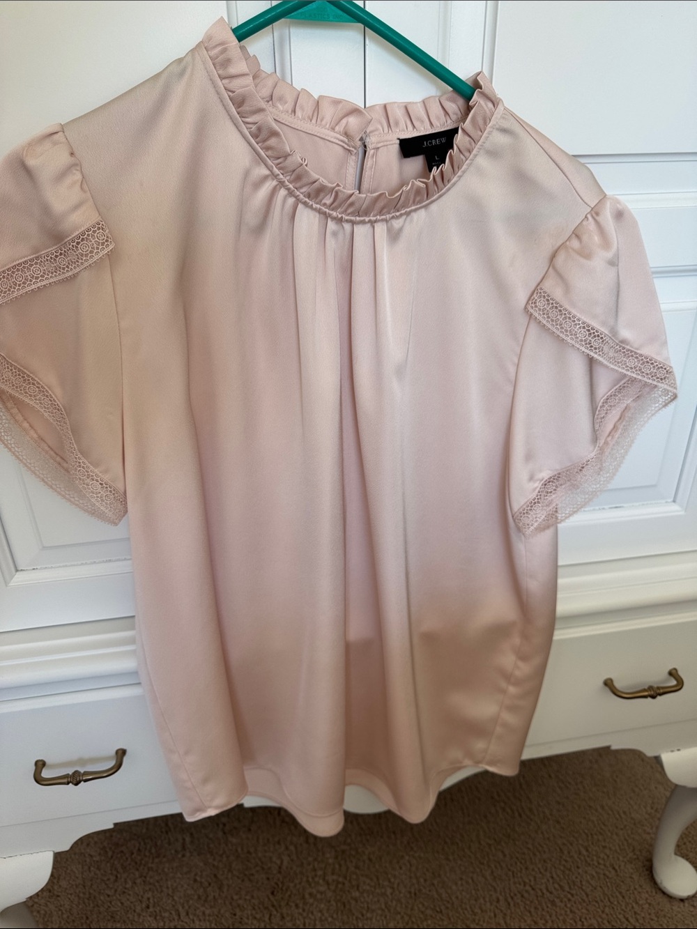 J. Crew Blush Pink Ruffled Neck Short Sleeve Blouse